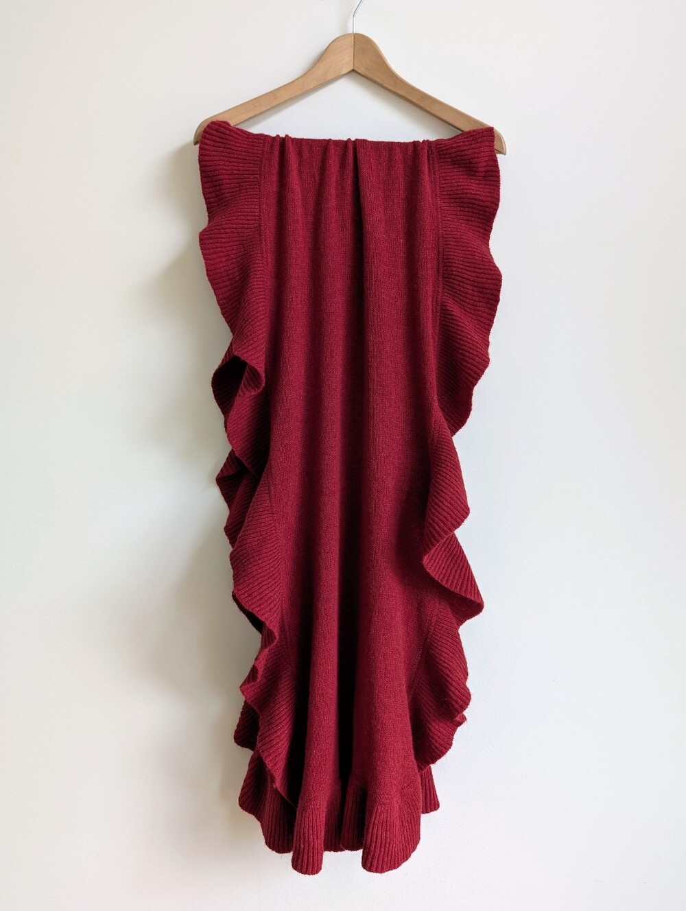 Large Wool Angora Deep Red Ruffle Edge Scarf Wrap